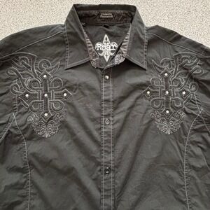 ROAR Mens XL Black Embroidered Rhinestone Cross Long Sleeve Button Up Shirt
